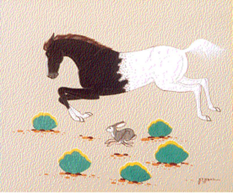 Black and white horse with rabbit