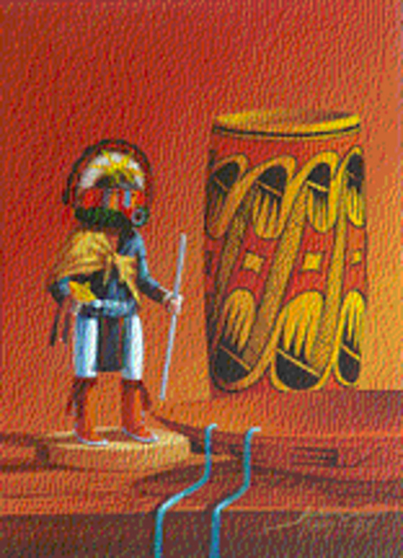 Corn dancer doll and Hopi pottery