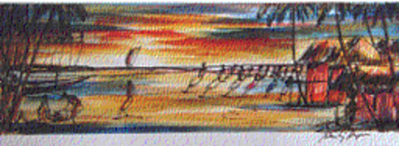 Untitled (African coastal village scene, men pulling a boat out of the water)